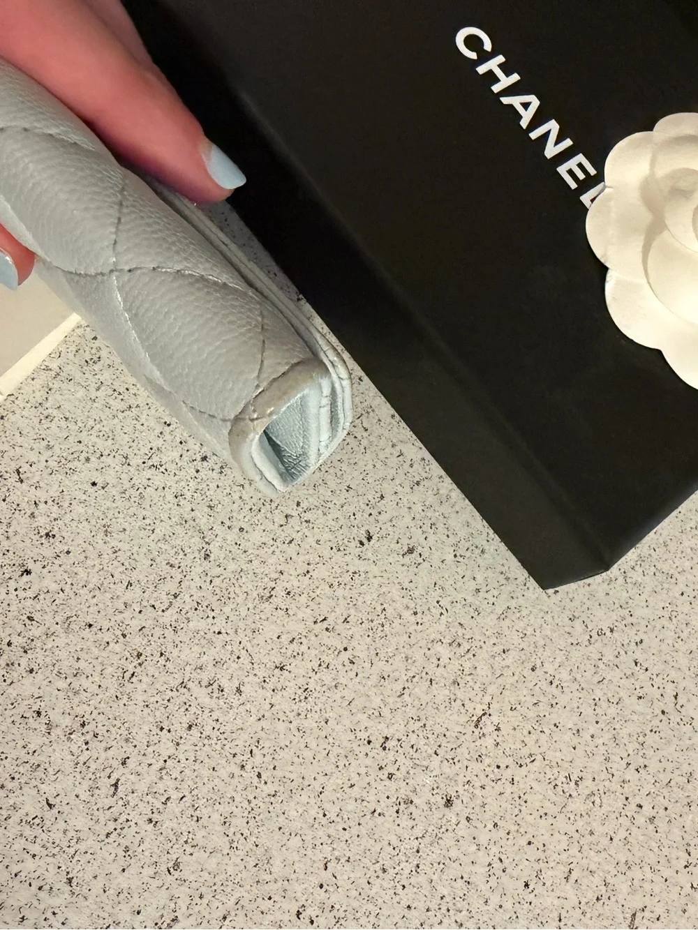 Chanel shiny caviar quilted crystal CC flap card holder light blue